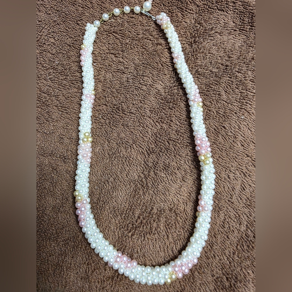 Handmade Elegant Pearl‎ Necklace with Pink and Gold Accents 20" Long